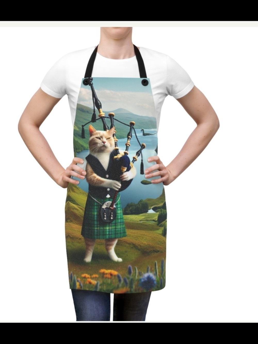 Cat Bagpipe Apron in Green Tartan